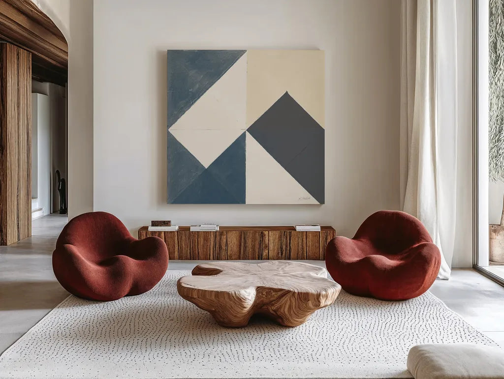 Triangles IV Teal Crop by Mike Schick. Shown as extra-large giant wall art in a modern living room. Available as an archival giclee rolled canvas, fine art paper, or poster print. SKU 79790a.