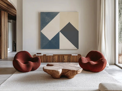 Triangles IV Teal Crop by Mike Schick. Shown as extra-large giant wall art in a modern living room. Available as an archival giclee rolled canvas, fine art paper, or poster print. SKU 79790a.