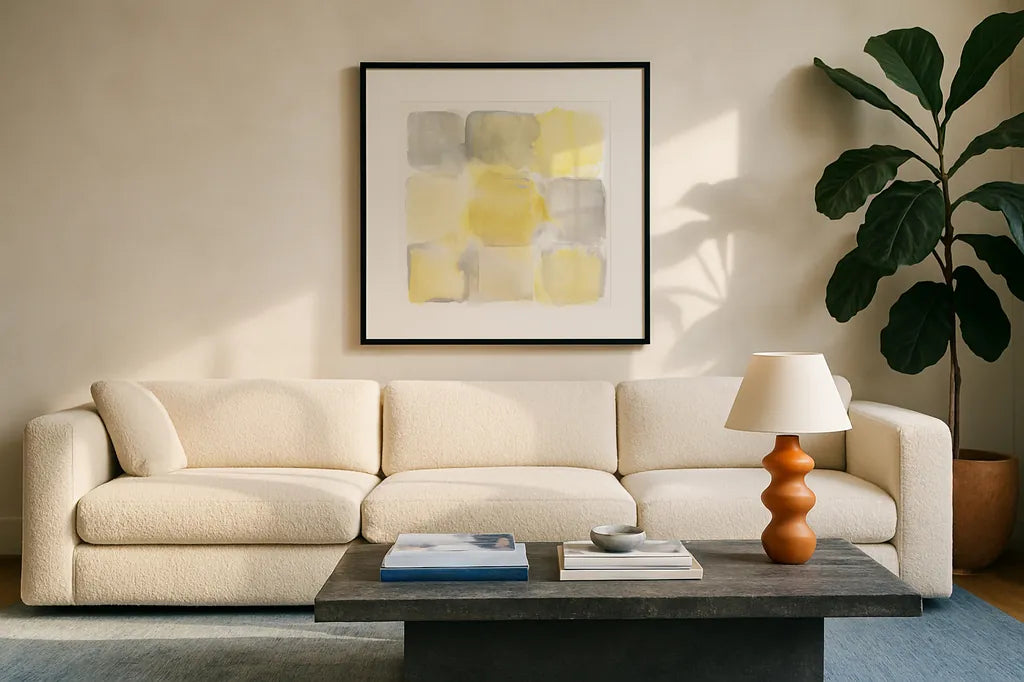 Two Tone I by Mike Schick. Displayed in a glass frame with matte in a clean modern living room. Available as an archival giclee rolled canvas, fine art paper, or poster print. SKU 20722a.