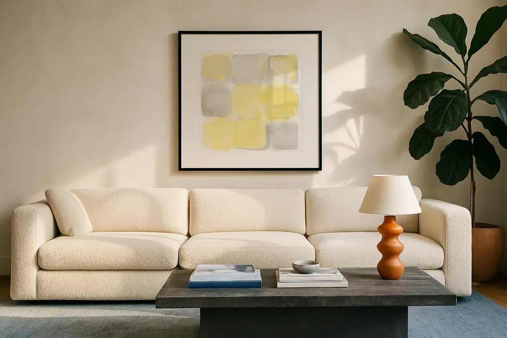 Two Tone II by Mike Schick. Displayed in a glass frame with matte in a clean modern living room. Available as an archival giclee rolled canvas, fine art paper, or poster print. SKU 20723a.