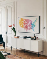 Watercolor USA by Mike Schick. shown as a framed stretched canvas in a living room above a console. Available as a archival giclee rolled canvas, fine art paper, or poster print. SKU 25454i.