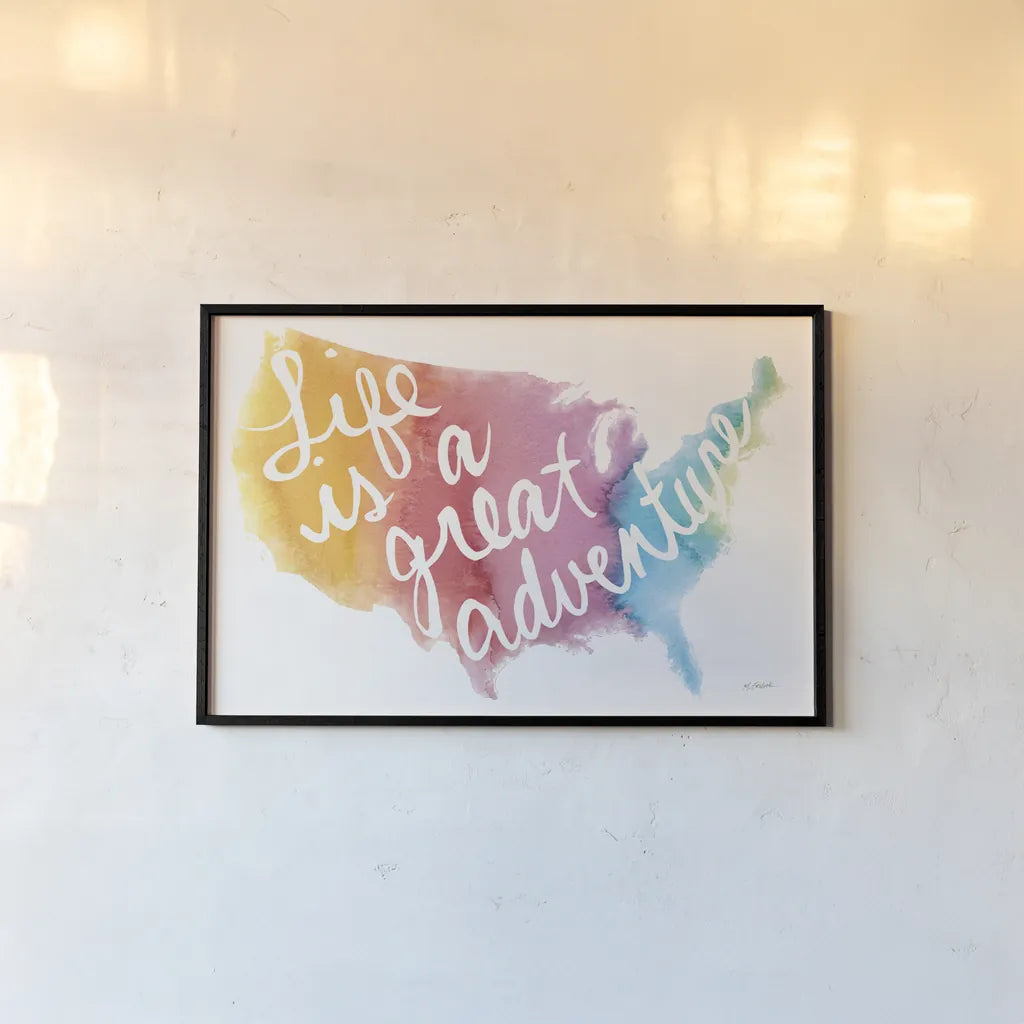 Watercolor USA by Mike Schick. shown as a paper print in a black flame. Available as a archival giclee rolled canvas, fine art paper, or poster print. SKU 25454i.