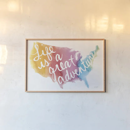 Watercolor USA by Mike Schick. shown as a paper print in a natural frame. Available as a archival giclee rolled canvas, fine art paper, or poster print. SKU 25454i.