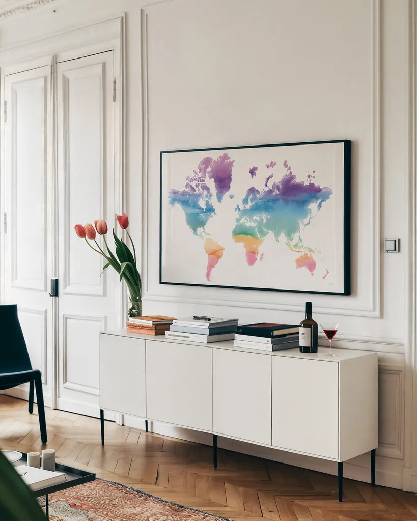 Watercolor World by Mike Schick. shown as a framed stretched canvas in a living room above a console. Available as a archival giclee rolled canvas, fine art paper, or poster print. SKU 25453i.