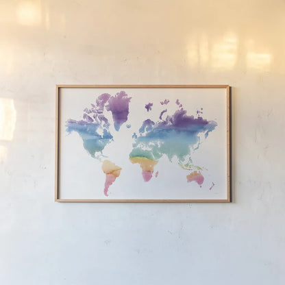 Watercolor World by Mike Schick. shown as a paper print in a natural frame. Available as a archival giclee rolled canvas, fine art paper, or poster print. SKU 25453i.