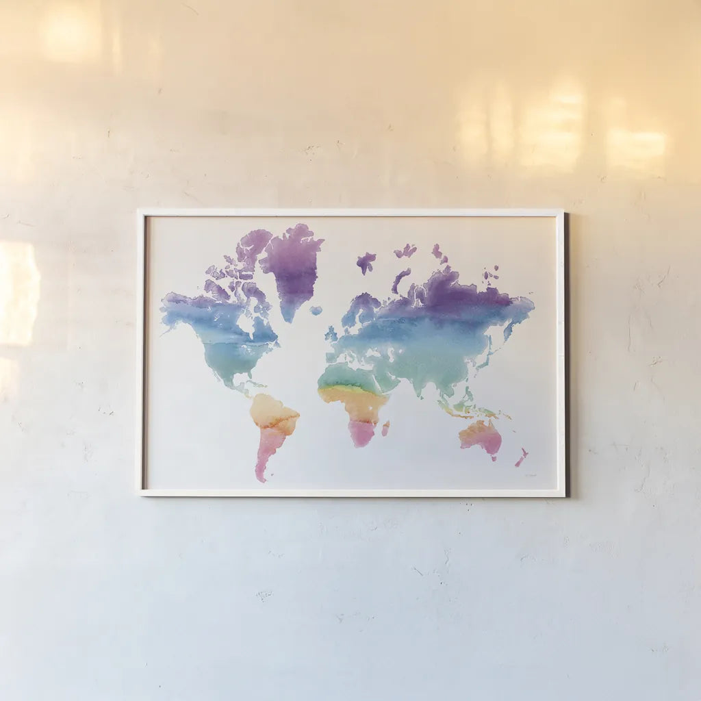 Watercolor World by Mike Schick. shown as a paper print in a white frame. Available as a archival giclee rolled canvas, fine art paper, or poster print. SKU 25453i.