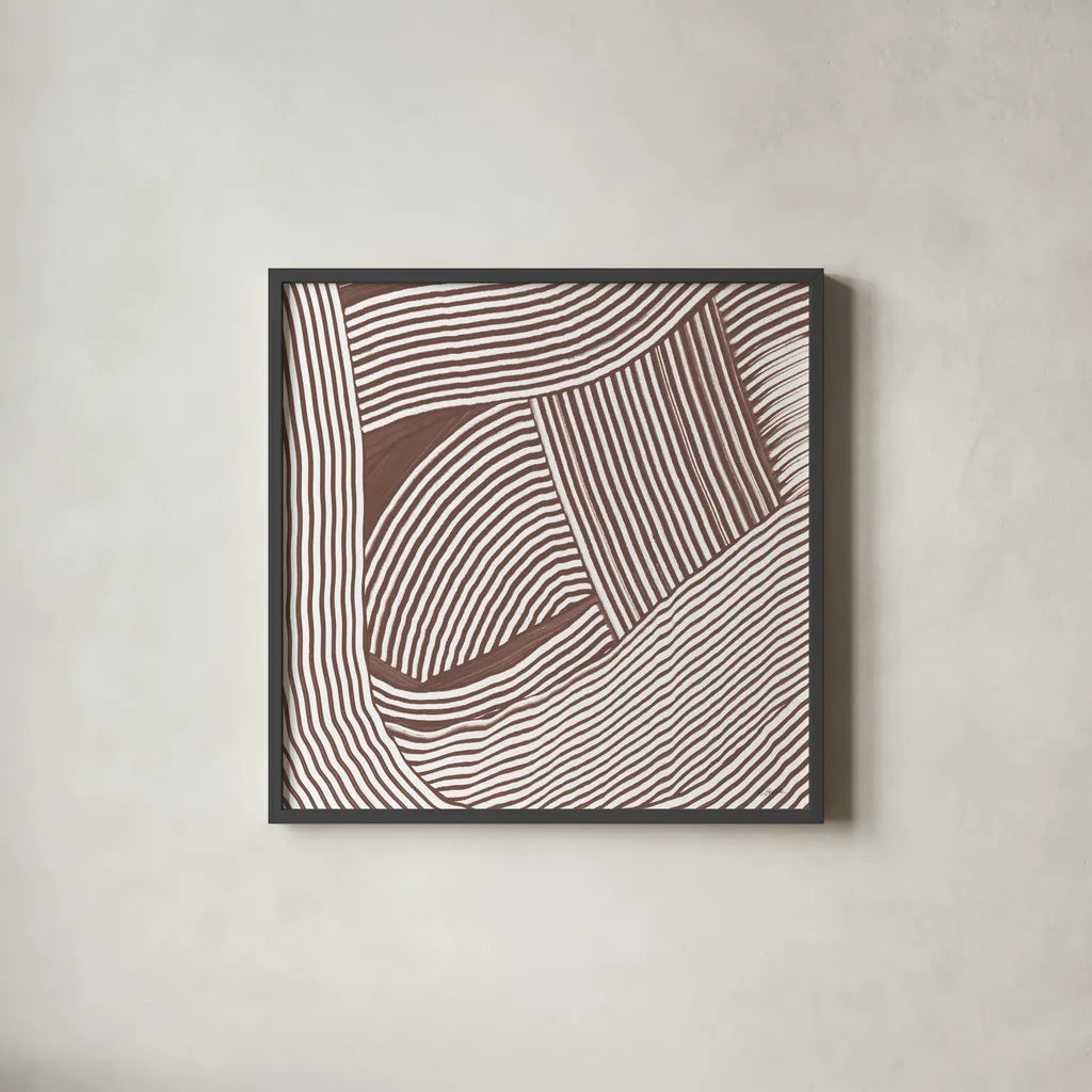 Weaving III Brown by Mike Schick. Shown in a sleek black glass frame for a contemporary gallery look. Available as an archival giclee rolled canvas, fine art paper, or poster print. SKU 85460a.
