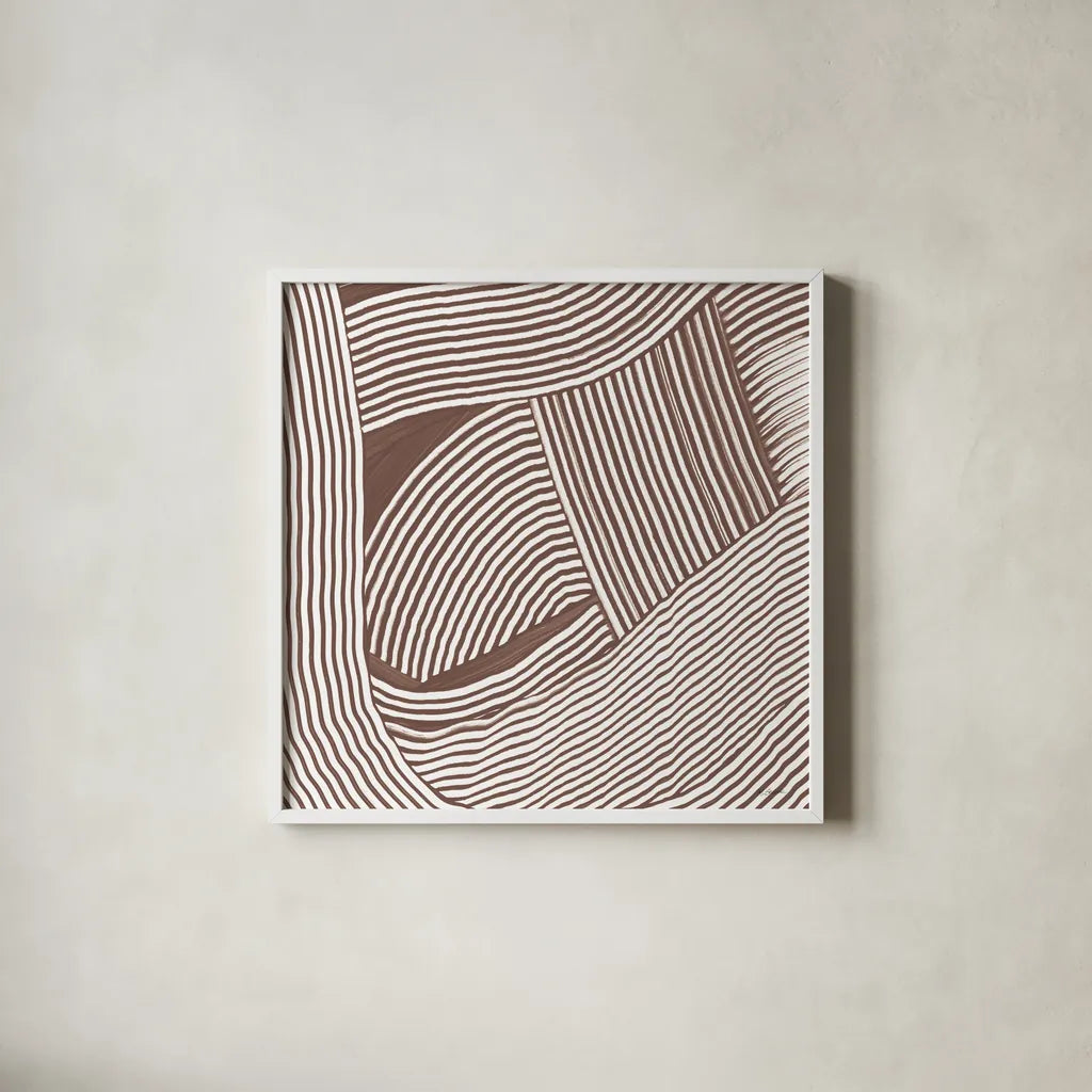 Weaving III Brown by Mike Schick. Shown in a crisp white glass frame for a clean and minimalist style. Available as an archival giclee rolled canvas, fine art paper, or poster print. SKU 85460a.