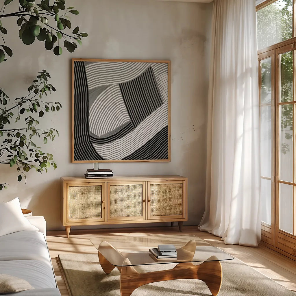 Weaving III Paloma by Mike Schick. Shown in a natural wood frame in a cozy modern living room. Available as an archival giclee rolled canvas, fine art paper, or poster print. SKU 79801a.