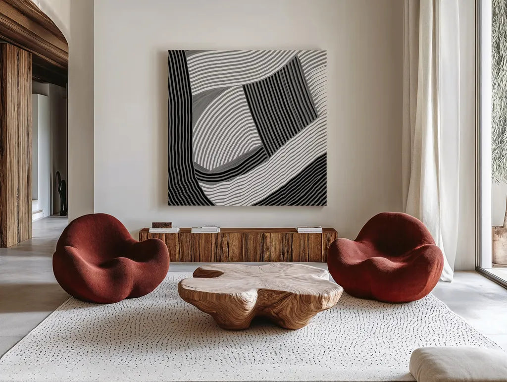 Weaving III Paloma by Mike Schick. Shown as extra-large giant wall art in a modern living room. Available as an archival giclee rolled canvas, fine art paper, or poster print. SKU 79801a.