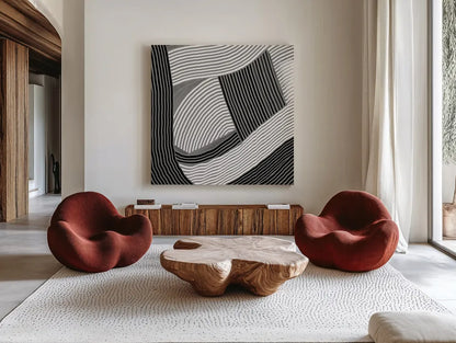 Weaving III Paloma by Mike Schick. Shown as extra-large giant wall art in a modern living room. Available as an archival giclee rolled canvas, fine art paper, or poster print. SKU 79801a.