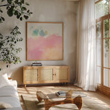 What I Saw Upon Waking by Mike Schick. Shown in a natural wood frame in a cozy modern living room. Available as an archival giclee rolled canvas, fine art paper, or poster print. SKU 31252a.