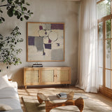 White Out I by Mike Schick. Shown in a natural wood frame in a cozy modern living room. Available as an archival giclee rolled canvas, fine art paper, or poster print. SKU 6463a.