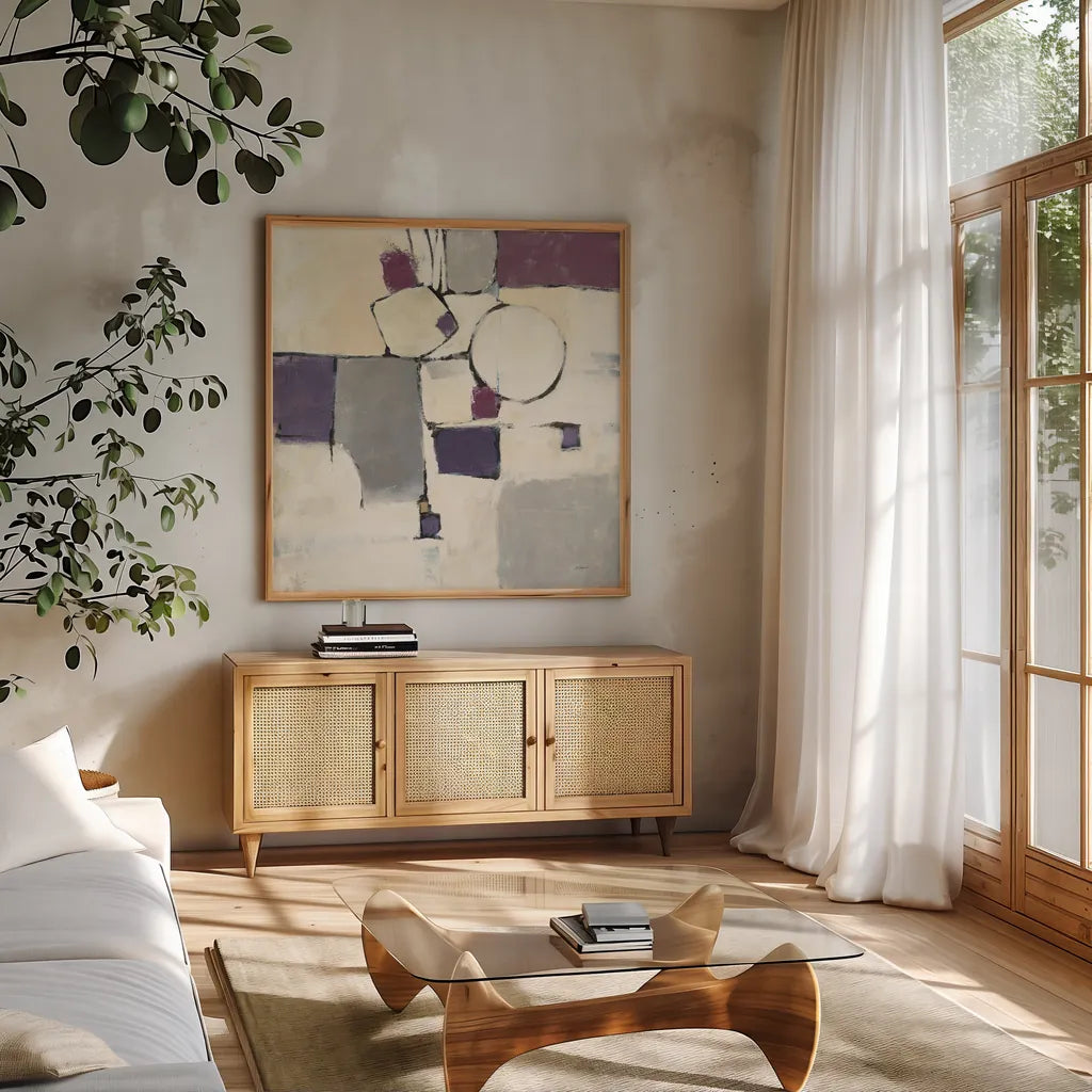 White Out I by Mike Schick. Shown in a natural wood frame in a cozy modern living room. Available as an archival giclee rolled canvas, fine art paper, or poster print. SKU 6463a.