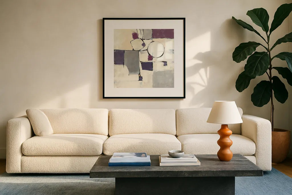 White Out I by Mike Schick. Displayed in a glass frame with matte in a clean modern living room. Available as an archival giclee rolled canvas, fine art paper, or poster print. SKU 6463a.