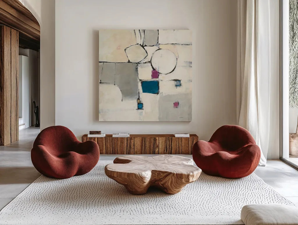 White Out I Neutral by Mike Schick. Shown as extra-large giant wall art in a modern living room. Available as an archival giclee rolled canvas, fine art paper, or poster print. SKU 19717a.