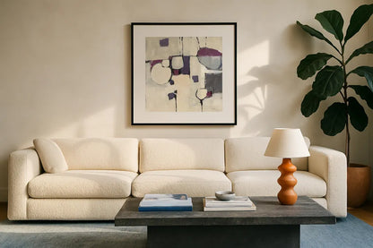 White Out II by Mike Schick. Displayed in a glass frame with matte in a clean modern living room. Available as an archival giclee rolled canvas, fine art paper, or poster print. SKU 6464a.