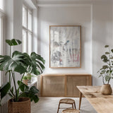 White Out in the Forest by Mike Schick. shown as a print in a natural wood frame in a dining room. Available as a archival giclee rolled canvas, fine art paper, or poster print. SKU 28665h.