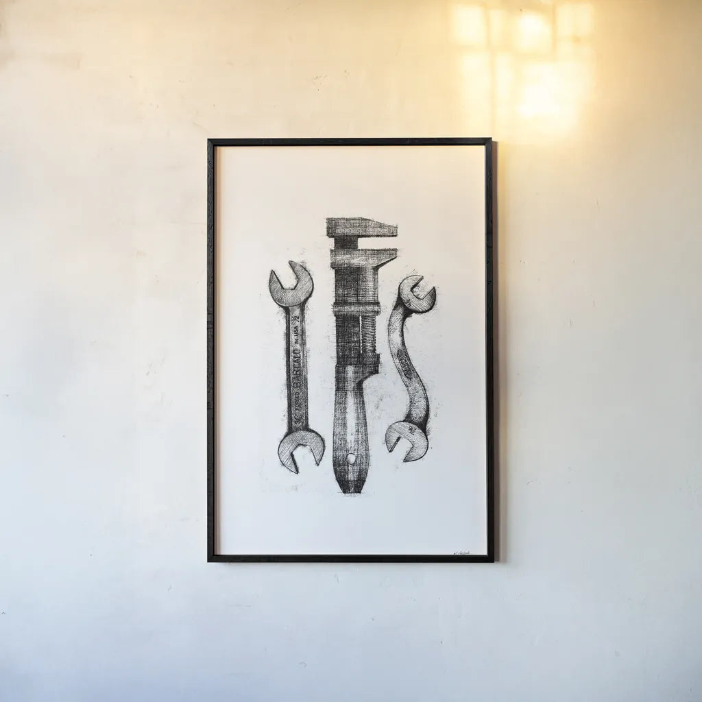 Wrenches by Mike Schick. shown as a paper print in a black flame. Available as a archival giclee rolled canvas, fine art paper, or poster print. SKU 58754h.