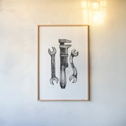 Wrenches by Mike Schick. shown as a paper print in a natural frame. Available as a archival giclee rolled canvas, fine art paper, or poster print. SKU 58754h.