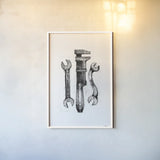 Wrenches by Mike Schick. shown as a paper print in a white frame. Available as a archival giclee rolled canvas, fine art paper, or poster print. SKU 58754h.