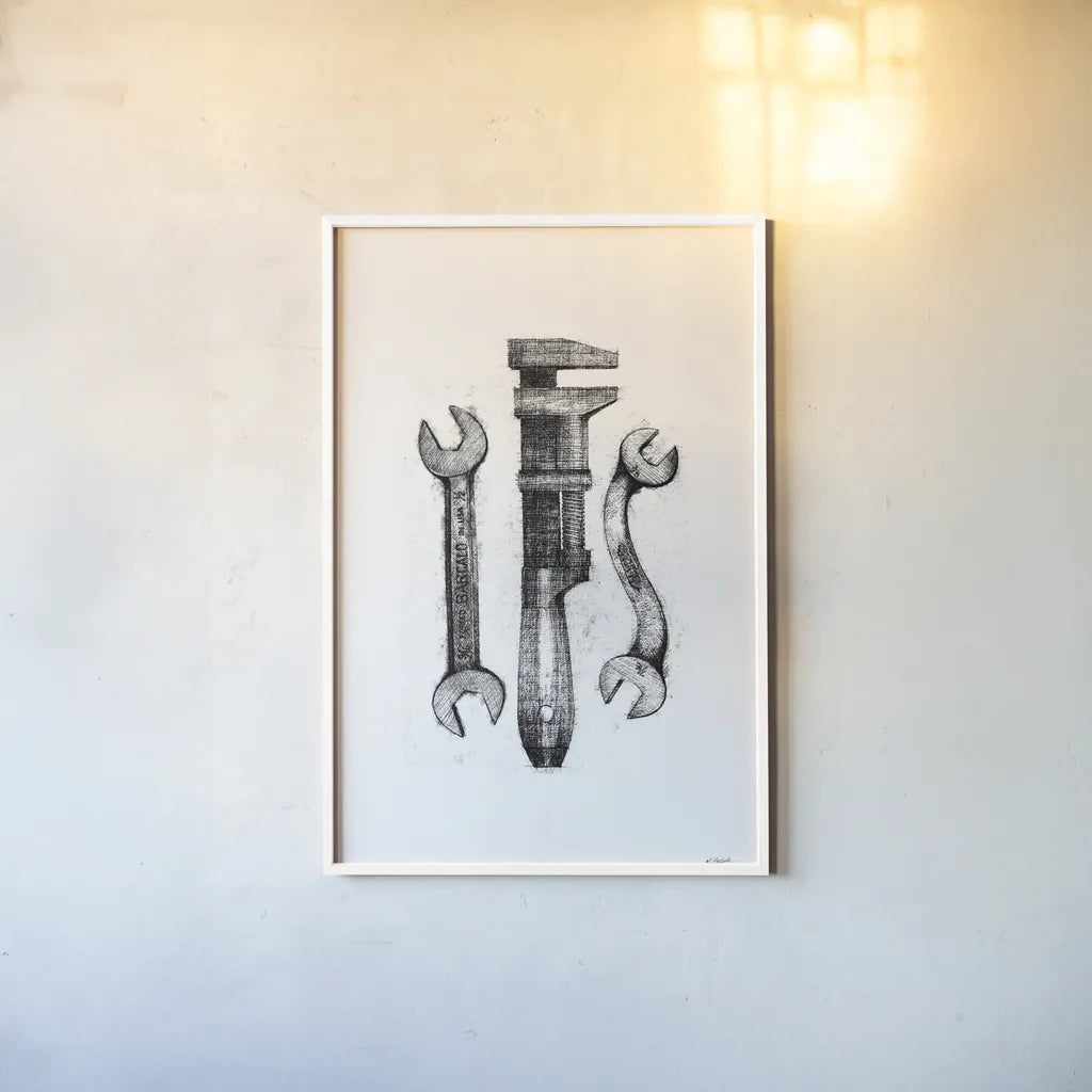 Wrenches by Mike Schick. shown as a paper print in a white frame. Available as a archival giclee rolled canvas, fine art paper, or poster print. SKU 58754h.