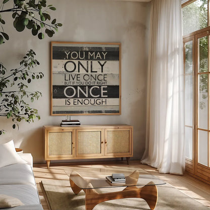 Zephyr Quote I by Mike Schick. Shown in a natural wood frame in a cozy modern living room. Available as an archival giclee rolled canvas, fine art paper, or poster print. SKU 11070a.