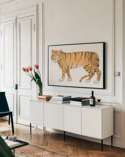 Big Cats IV by Miranda Thomas. shown as a framed stretched canvas in a living room above a console. Available as a archival giclee rolled canvas, fine art paper, or poster print. SKU 53740i.