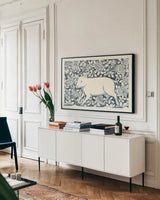 Farm Life IV by Miranda Thomas. shown as a framed stretched canvas in a living room above a console. Available as a archival giclee rolled canvas, fine art paper, or poster print. SKU 35485i.