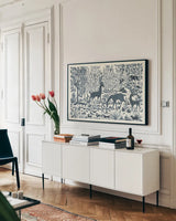 Forest Life I by Miranda Thomas. shown as a framed stretched canvas in a living room above a console. Available as a archival giclee rolled canvas, fine art paper, or poster print. SKU 35603i.