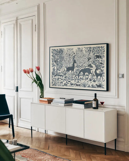 Forest Life I by Miranda Thomas. shown as a framed stretched canvas in a living room above a console. Available as a archival giclee rolled canvas, fine art paper, or poster print. SKU 35603i.