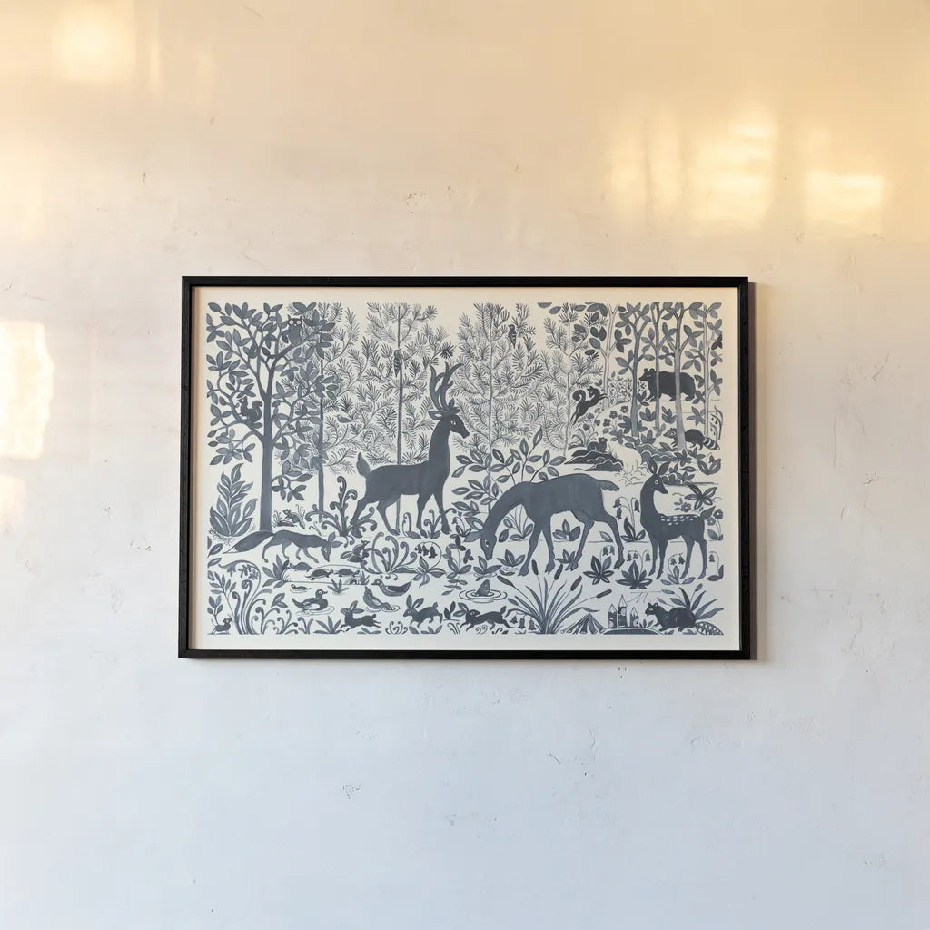 Forest Life I by Miranda Thomas. shown as a paper print in a black flame. Available as a archival giclee rolled canvas, fine art paper, or poster print. SKU 35603i.