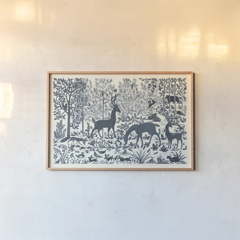 Forest Life I by Miranda Thomas. shown as a paper print in a natural frame. Available as a archival giclee rolled canvas, fine art paper, or poster print. SKU 35603i.