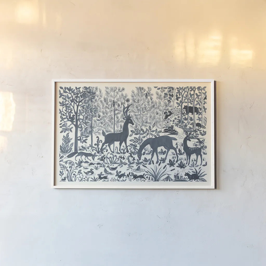 Forest Life I by Miranda Thomas. shown as a paper print in a white frame. Available as a archival giclee rolled canvas, fine art paper, or poster print. SKU 35603i.