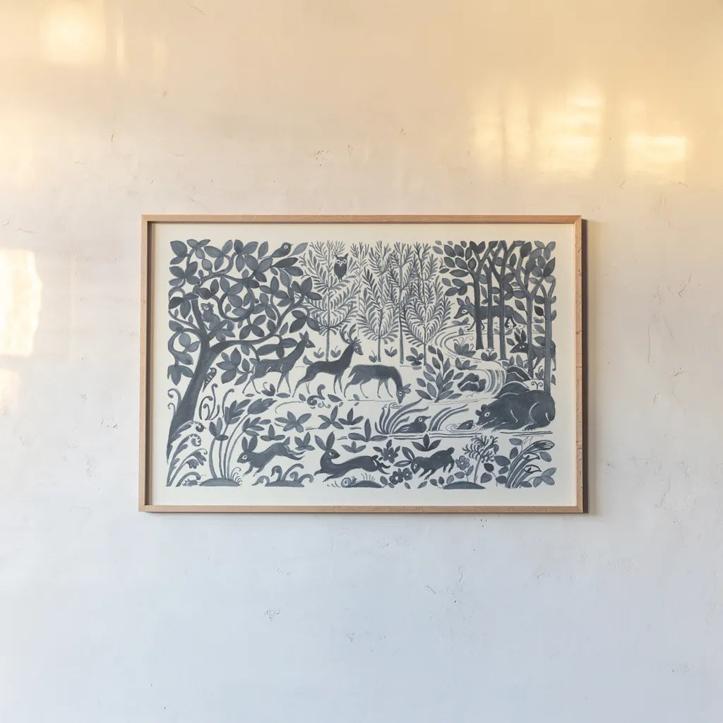 Forest Life II by Miranda Thomas. shown as a paper print in a natural frame. Available as a archival giclee rolled canvas, fine art paper, or poster print. SKU 35604i.