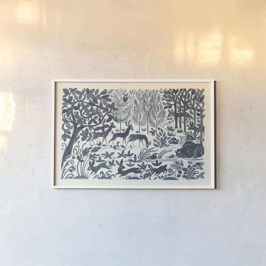 Forest Life II by Miranda Thomas. shown as a paper print in a white frame. Available as a archival giclee rolled canvas, fine art paper, or poster print. SKU 35604i.