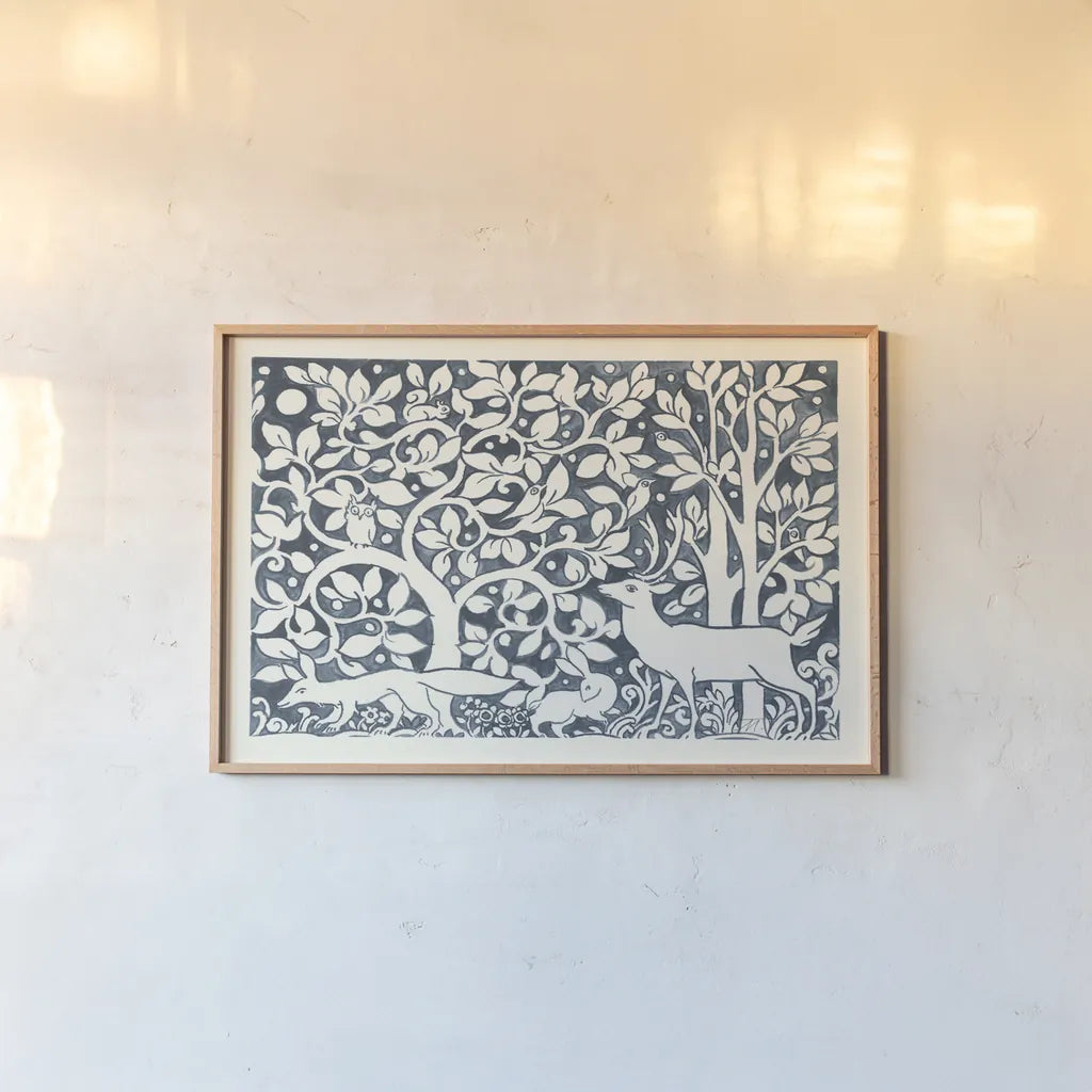 Forest Life IV by Miranda Thomas. shown as a paper print in a natural frame. Available as a archival giclee rolled canvas, fine art paper, or poster print. SKU 35606i.