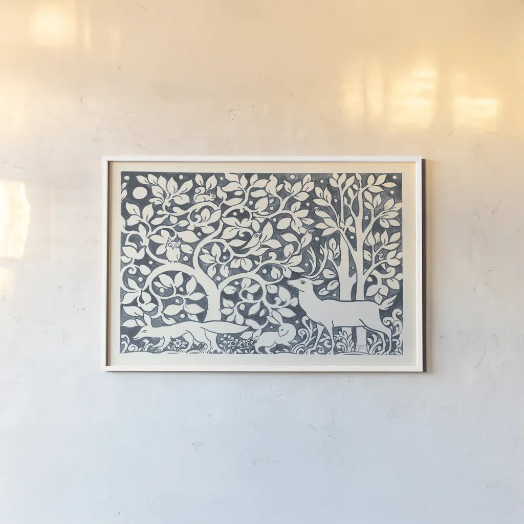 Forest Life IV by Miranda Thomas. shown as a paper print in a white frame. Available as a archival giclee rolled canvas, fine art paper, or poster print. SKU 35606i.