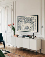 Forest Life V by Miranda Thomas. shown as a framed stretched canvas in a living room above a console. Available as a archival giclee rolled canvas, fine art paper, or poster print. SKU 35607i.