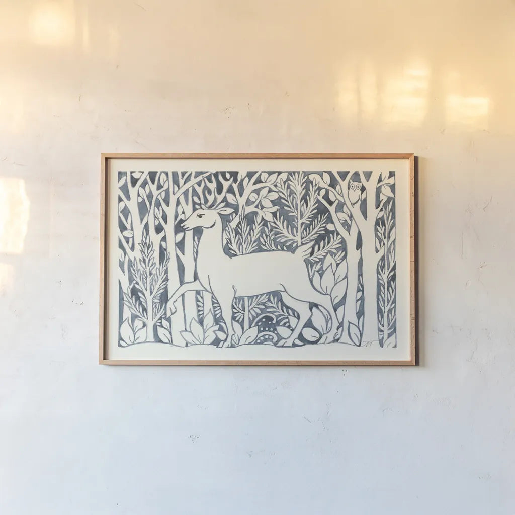 Forest Life V by Miranda Thomas. shown as a paper print in a natural frame. Available as a archival giclee rolled canvas, fine art paper, or poster print. SKU 35607i.