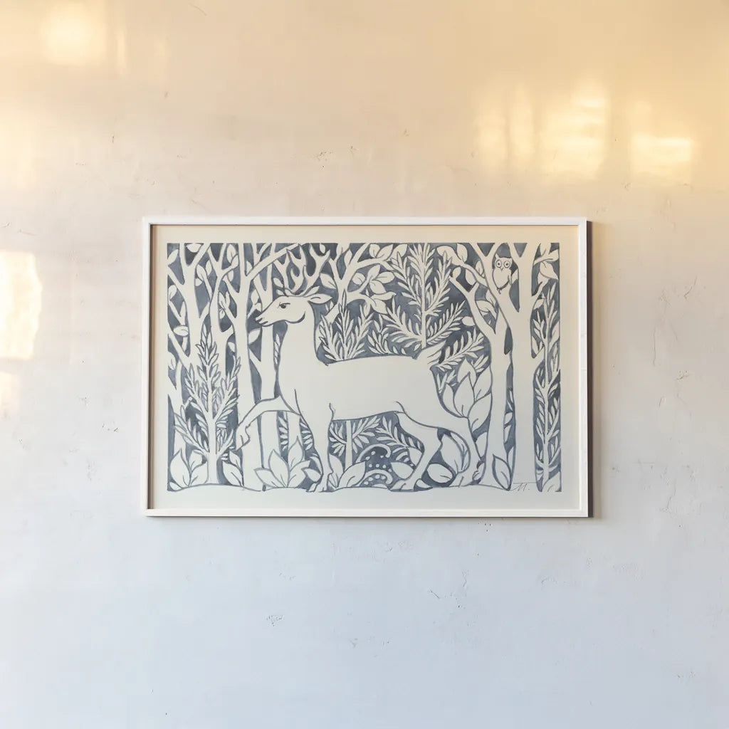 Forest Life V by Miranda Thomas. shown as a paper print in a white frame. Available as a archival giclee rolled canvas, fine art paper, or poster print. SKU 35607i.