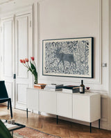 Forest Life VI by Miranda Thomas. shown as a framed stretched canvas in a living room above a console. Available as a archival giclee rolled canvas, fine art paper, or poster print. SKU 35608i.