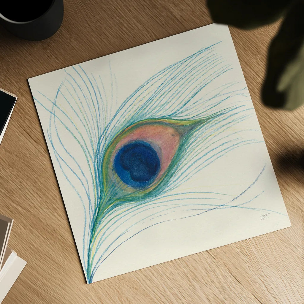 Peacock Feather I by Miranda Thomas. Shown as a detailed flat fine art print, highlighting archival giclee quality. Available as an archival giclee rolled canvas, fine art paper, or poster print. SKU 46190a.