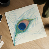 Peacock Feather I by Miranda Thomas. Shown as a detailed flat fine art print, highlighting archival giclee quality. Available as an archival giclee rolled canvas, fine art paper, or poster print. SKU 46190a.