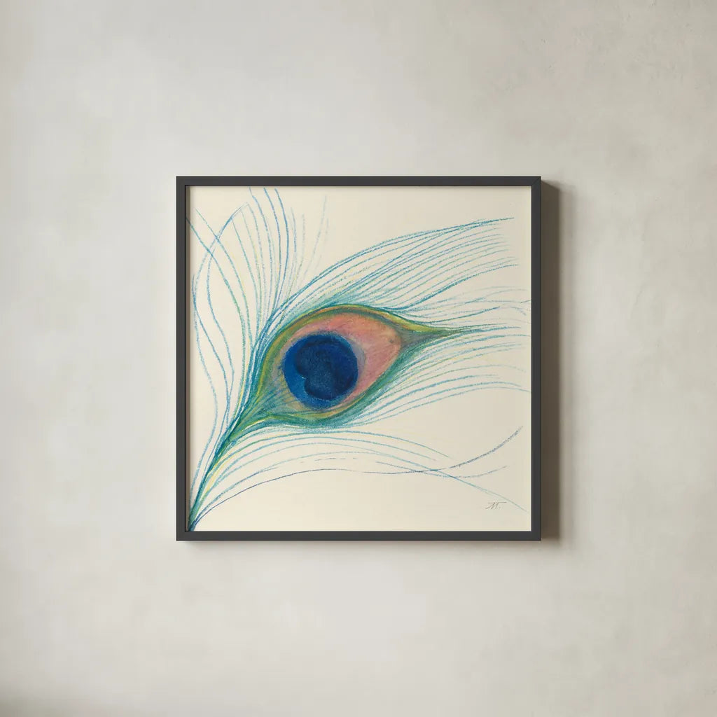 Peacock Feather I by Miranda Thomas. Shown in a sleek black glass frame for a contemporary gallery look. Available as an archival giclee rolled canvas, fine art paper, or poster print. SKU 46190a.