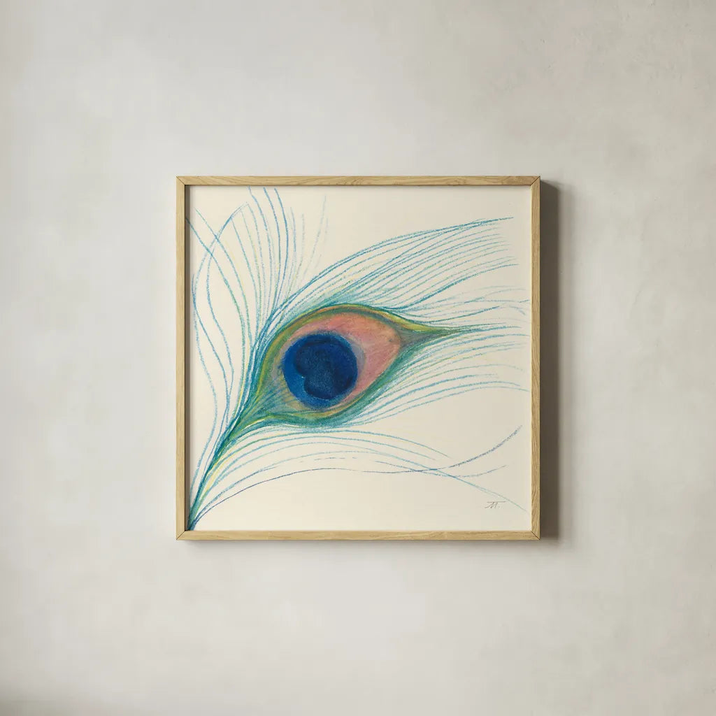 Peacock Feather I by Miranda Thomas. Shown in a natural wood glass frame for a timeless modern aesthetic. Available as an archival giclee rolled canvas, fine art paper, or poster print. SKU 46190a.
