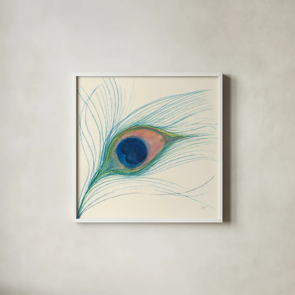 Peacock Feather I by Miranda Thomas. Shown in a crisp white glass frame for a clean and minimalist style. Available as an archival giclee rolled canvas, fine art paper, or poster print. SKU 46190a.