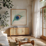 Peacock Feather I by Miranda Thomas. Shown in a natural wood frame in a cozy modern living room. Available as an archival giclee rolled canvas, fine art paper, or poster print. SKU 46190a.