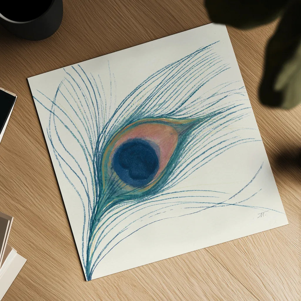 Peacock Feather I Blue by Miranda Thomas. Shown as a detailed flat fine art print, highlighting archival giclee quality. Available as an archival giclee rolled canvas, fine art paper, or poster print. SKU 56866a.