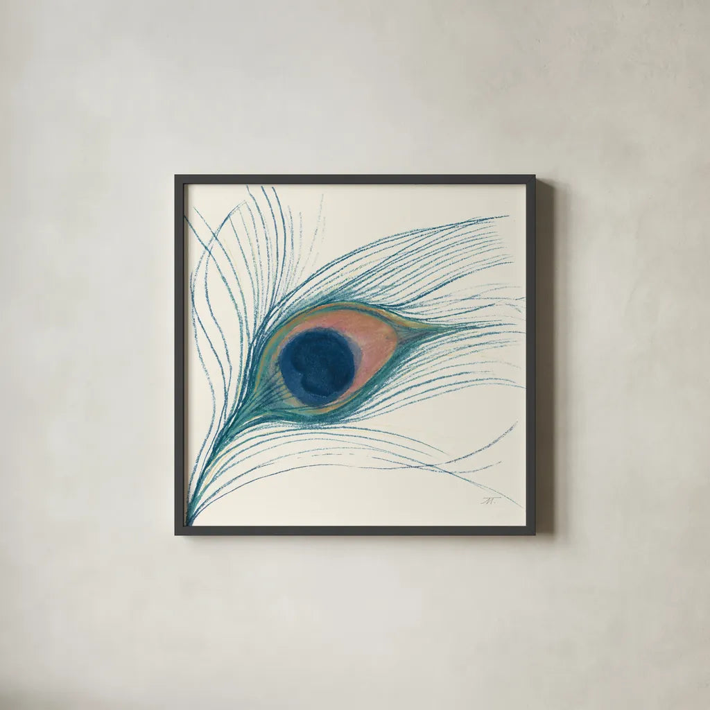 Peacock Feather I Blue by Miranda Thomas. Shown in a sleek black glass frame for a contemporary gallery look. Available as an archival giclee rolled canvas, fine art paper, or poster print. SKU 56866a.